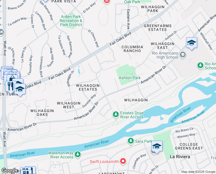 map of restaurants, bars, coffee shops, grocery stores, and more near 4100 Elderberry Lane in Sacramento