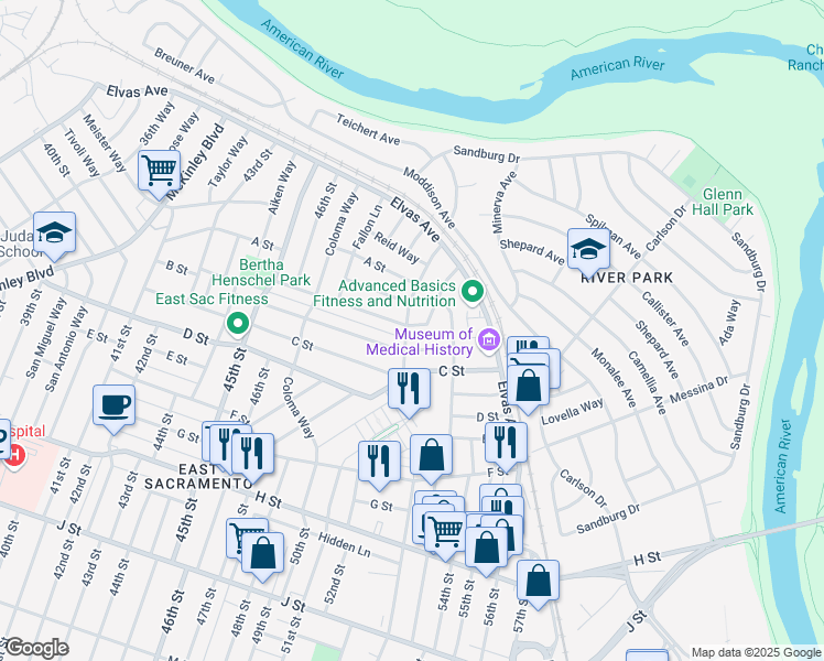 map of restaurants, bars, coffee shops, grocery stores, and more near 112 52nd Street in Sacramento