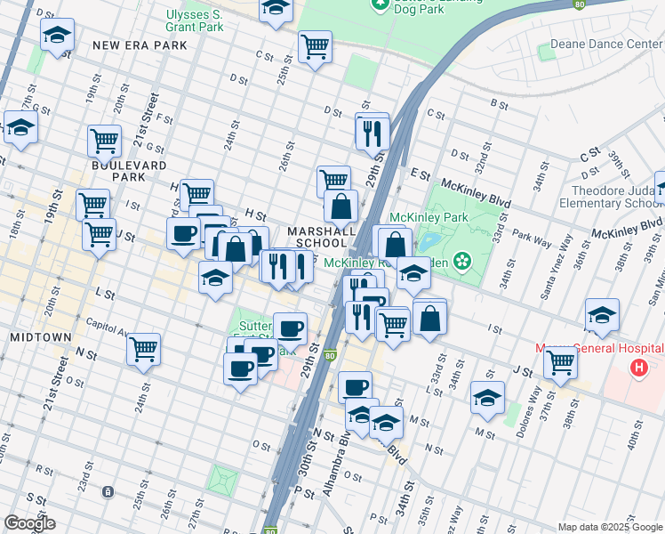 map of restaurants, bars, coffee shops, grocery stores, and more near 2830 H Street in Sacramento