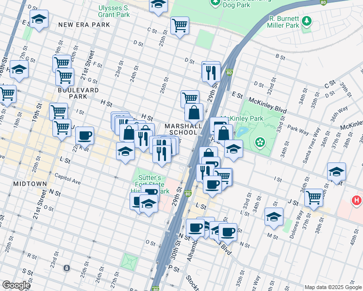 map of restaurants, bars, coffee shops, grocery stores, and more near 813 1/2 28th Street in Sacramento