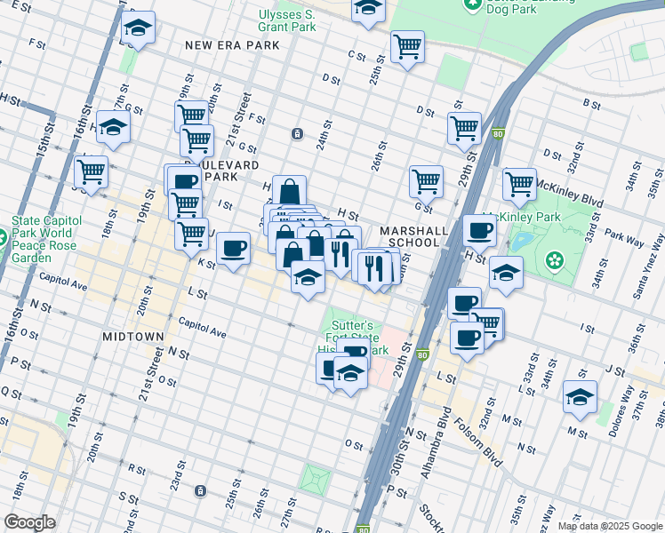 map of restaurants, bars, coffee shops, grocery stores, and more near 2528 I Street in Sacramento