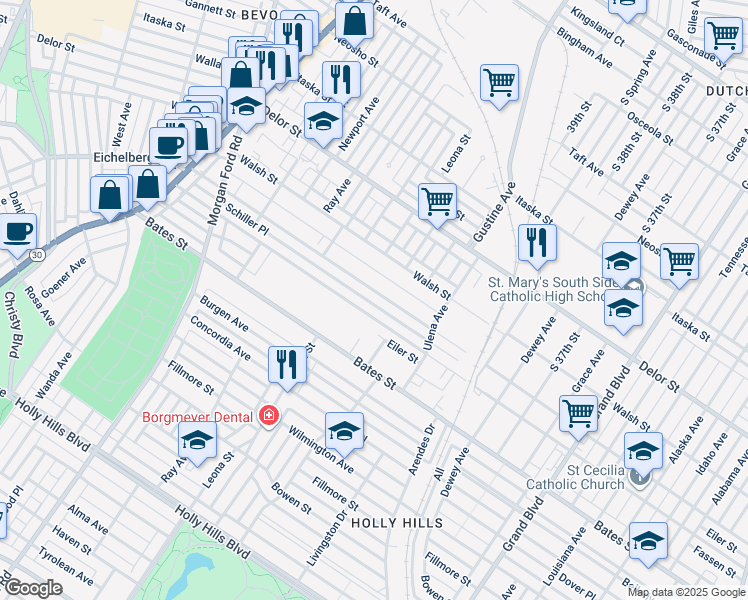 map of restaurants, bars, coffee shops, grocery stores, and more near 4021 Schiller Place in St. Louis