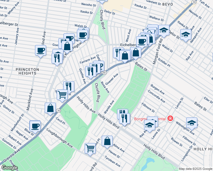 map of restaurants, bars, coffee shops, grocery stores, and more near 5867 Goener Avenue in St. Louis