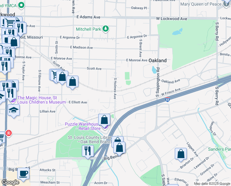 map of restaurants, bars, coffee shops, grocery stores, and more near 453 South Holmes Avenue in Kirkwood