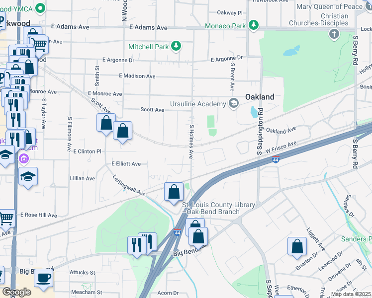 map of restaurants, bars, coffee shops, grocery stores, and more near 453 South Holmes Avenue in Kirkwood