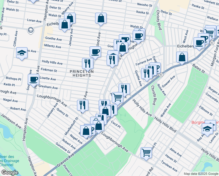 map of restaurants, bars, coffee shops, grocery stores, and more near 6200 South Kingshighway Boulevard in St. Louis