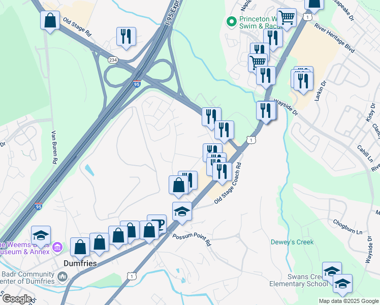 map of restaurants, bars, coffee shops, grocery stores, and more near 3560 Maple Street in Dumfries