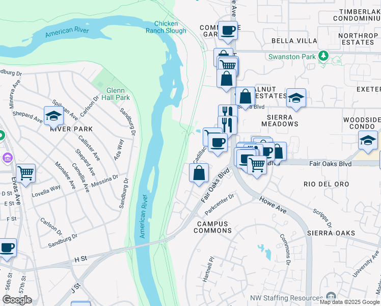 map of restaurants, bars, coffee shops, grocery stores, and more near 22 Cadillac Drive in Sacramento