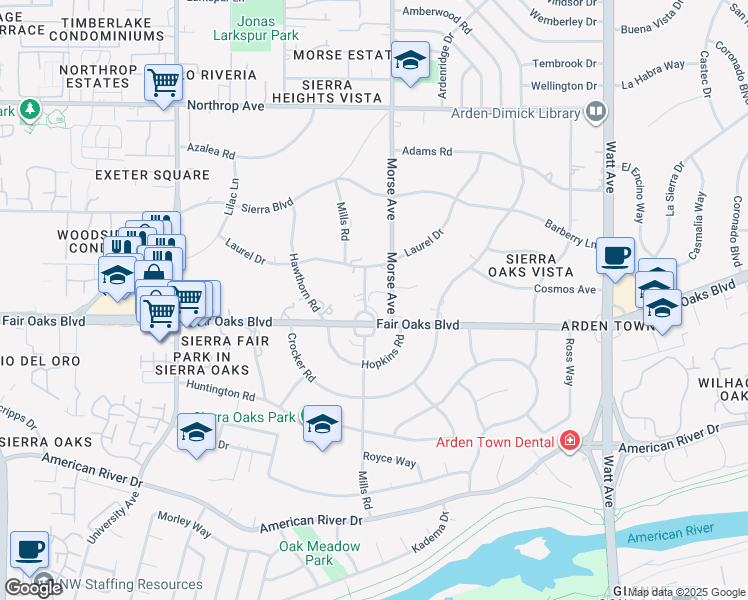 map of restaurants, bars, coffee shops, grocery stores, and more near 545 Morse Avenue in Sacramento