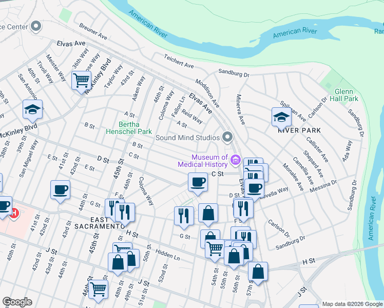 map of restaurants, bars, coffee shops, grocery stores, and more near 5028 Brand Way in Sacramento