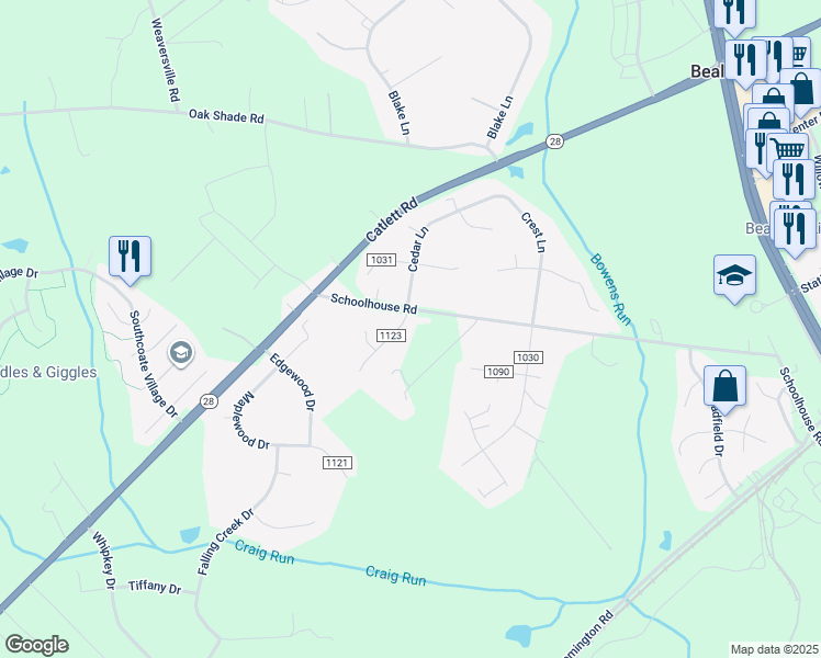 map of restaurants, bars, coffee shops, grocery stores, and more near 6727 Willowbrook Drive in Bealeton
