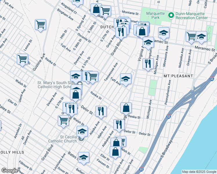 map of restaurants, bars, coffee shops, grocery stores, and more near 4613 Louisiana Avenue in St. Louis