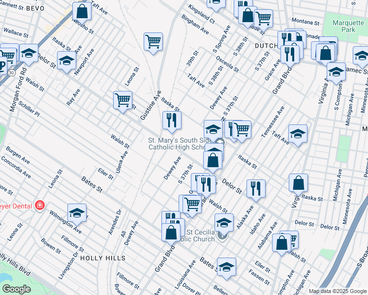 map of restaurants, bars, coffee shops, grocery stores, and more near 4760 South Spring Avenue in St. Louis