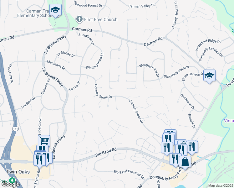 map of restaurants, bars, coffee shops, grocery stores, and more near 851 Carman Oaks Court in Ballwin