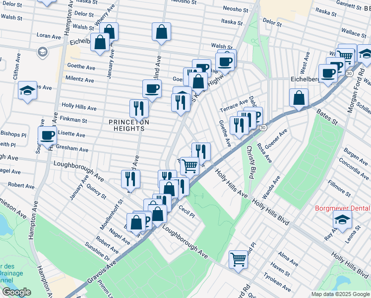 map of restaurants, bars, coffee shops, grocery stores, and more near 6010 South Kingshighway Boulevard in St. Louis