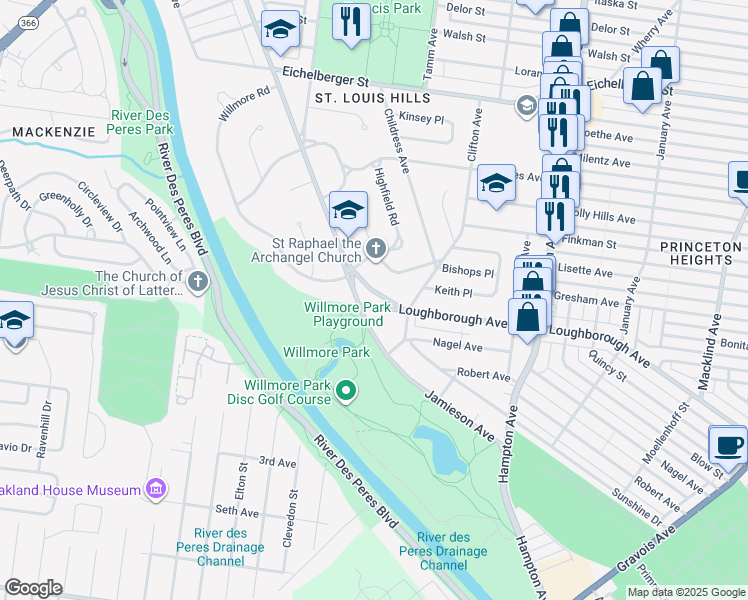 map of restaurants, bars, coffee shops, grocery stores, and more near 6425 Loughborough Avenue in St. Louis