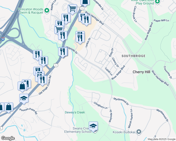 map of restaurants, bars, coffee shops, grocery stores, and more near 3151 Antrim Circle in Dumfries