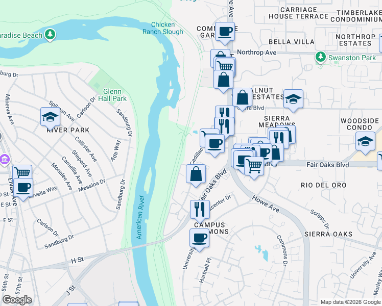 map of restaurants, bars, coffee shops, grocery stores, and more near 1337 Howe Avenue in Sacramento