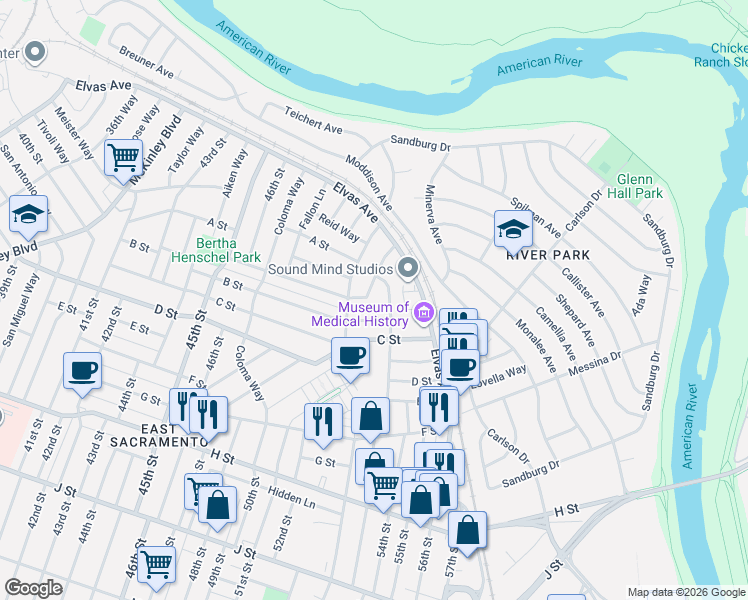 map of restaurants, bars, coffee shops, grocery stores, and more near 112 52nd Street in Sacramento