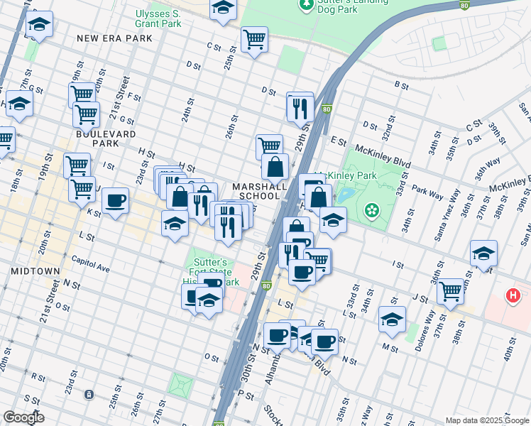 map of restaurants, bars, coffee shops, grocery stores, and more near 813 1/2 28th Street in Sacramento