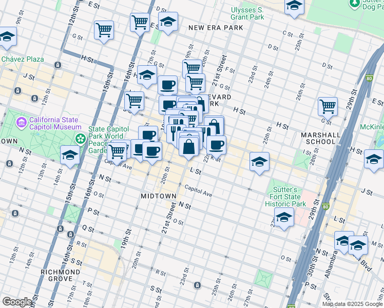 map of restaurants, bars, coffee shops, grocery stores, and more near 1020 21st Street in Sacramento