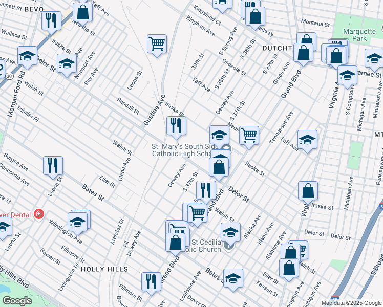 map of restaurants, bars, coffee shops, grocery stores, and more near 4760 South Spring Avenue in St. Louis