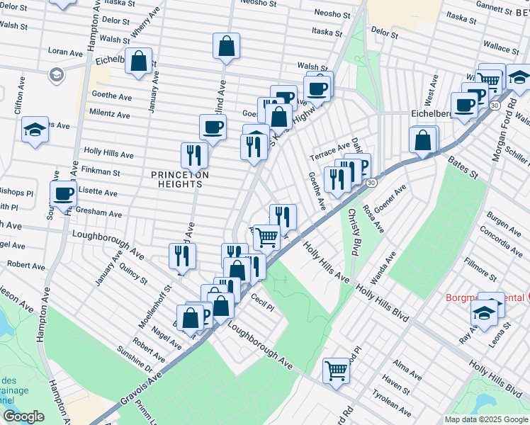 map of restaurants, bars, coffee shops, grocery stores, and more near 6400 West Court in St. Louis