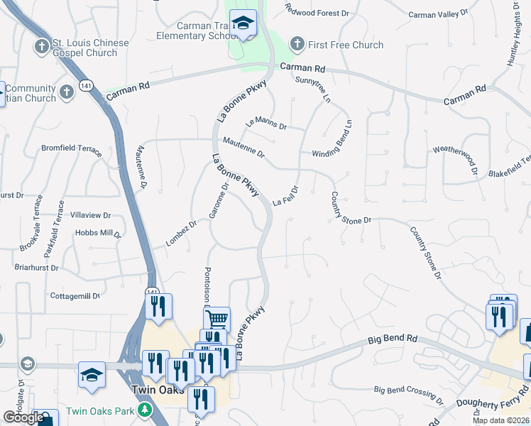 map of restaurants, bars, coffee shops, grocery stores, and more near 844 La Bonne Parkway in Ballwin