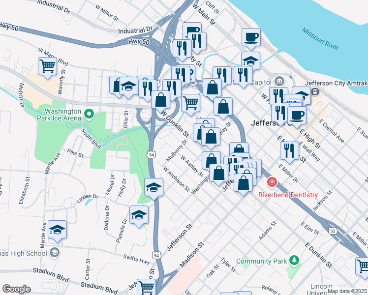 map of restaurants, bars, coffee shops, grocery stores, and more near 701 Mulberry Street in Jefferson City