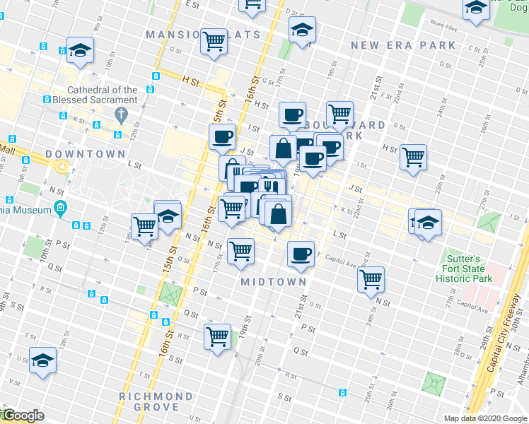 map of restaurants, bars, coffee shops, grocery stores, and more near 1818 L Street in Sacramento