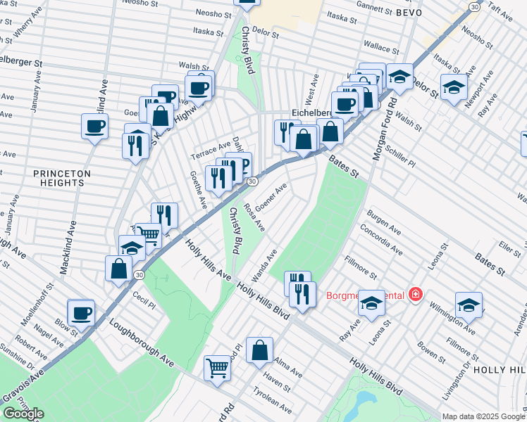 map of restaurants, bars, coffee shops, grocery stores, and more near 5867 Goener Avenue in St. Louis