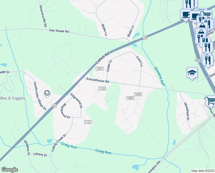 map of restaurants, bars, coffee shops, grocery stores, and more near 6727 Willowbrook Drive in Bealeton