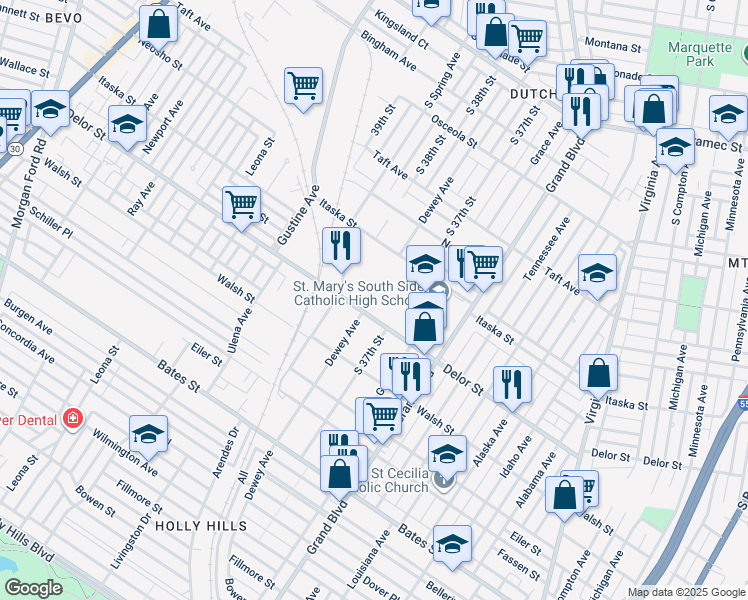 map of restaurants, bars, coffee shops, grocery stores, and more near 3721 Delor Street in St. Louis