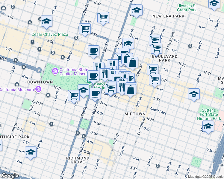 map of restaurants, bars, coffee shops, grocery stores, and more near Liestal Alley in Sacramento