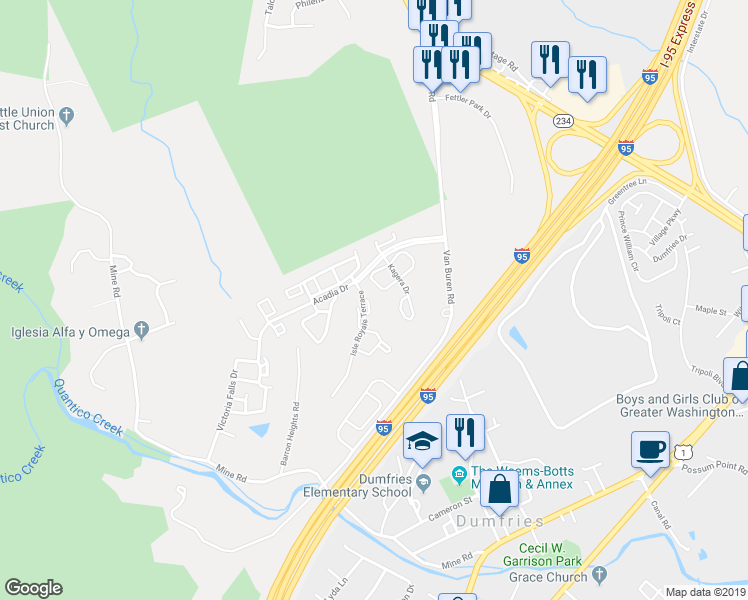 map of restaurants, bars, coffee shops, grocery stores, and more near 17411 Isle Royale Terrace in Dumfries