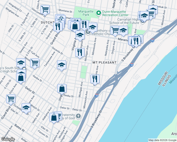 map of restaurants, bars, coffee shops, grocery stores, and more near 4435 Minnesota Avenue in St. Louis