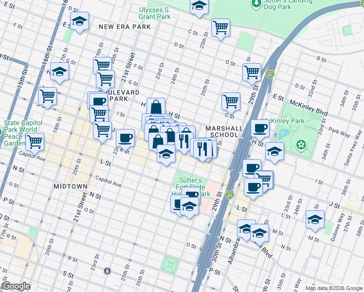 map of restaurants, bars, coffee shops, grocery stores, and more near 2528 I Street in Sacramento