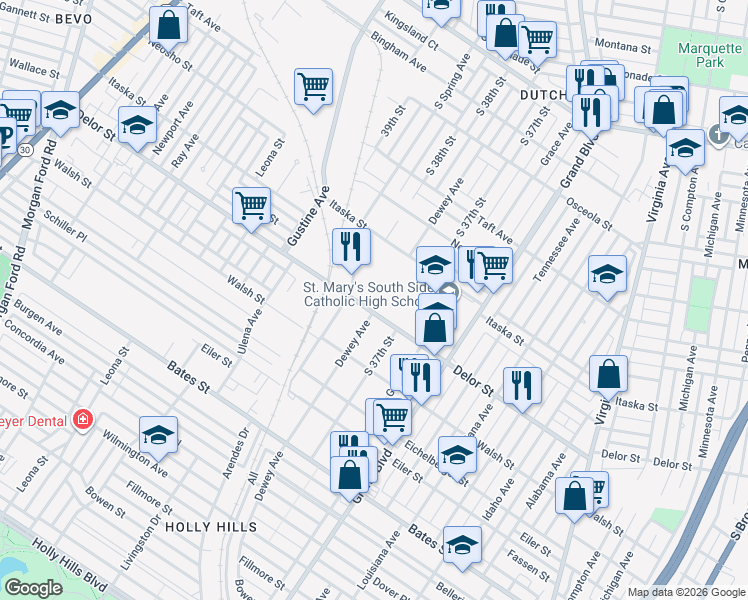 map of restaurants, bars, coffee shops, grocery stores, and more near 4760 South Spring Avenue in St. Louis