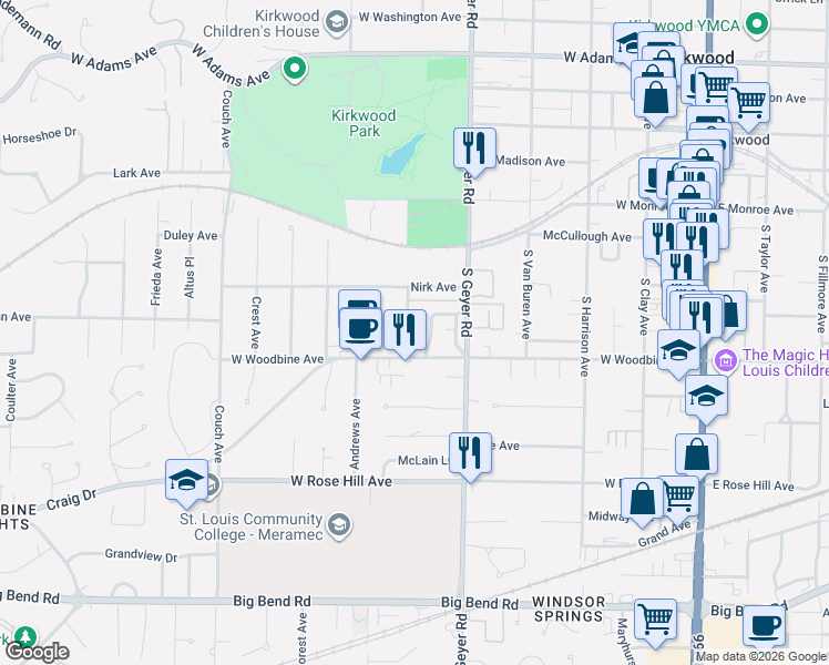 map of restaurants, bars, coffee shops, grocery stores, and more near 424 Heman Drive in Kirkwood