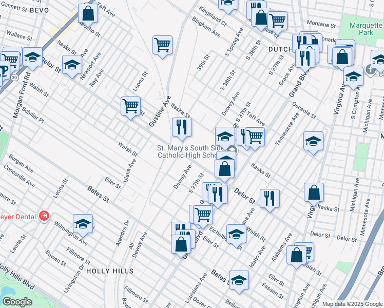 map of restaurants, bars, coffee shops, grocery stores, and more near 4760 South Spring Avenue in St. Louis