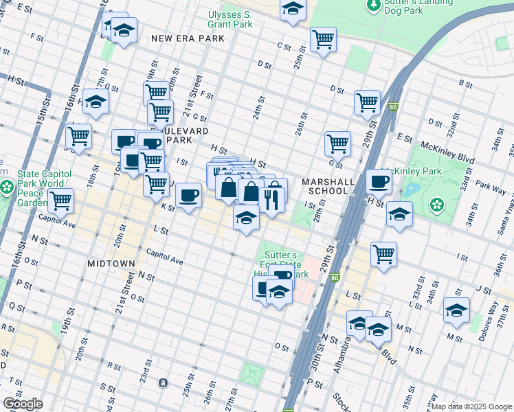 map of restaurants, bars, coffee shops, grocery stores, and more near 2515 J Street in Sacramento