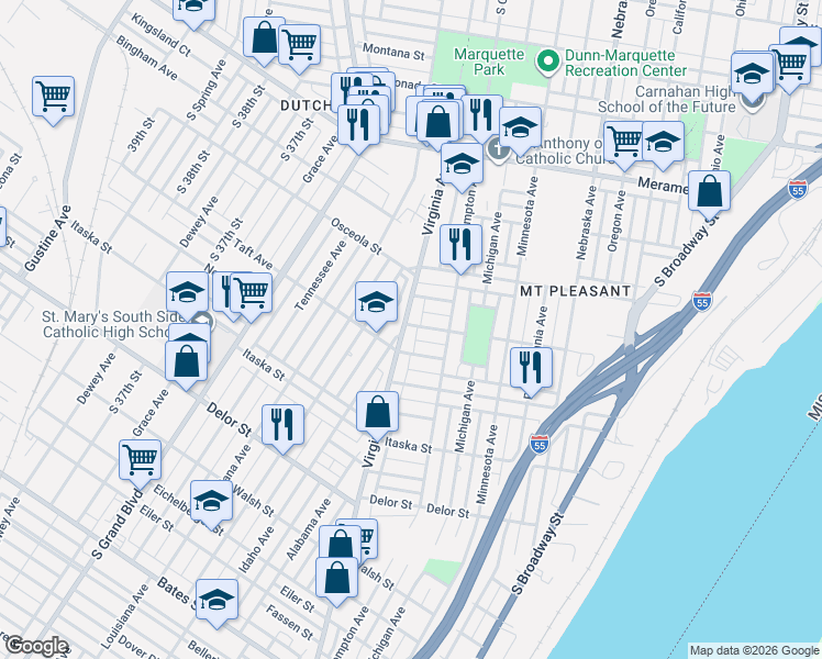 map of restaurants, bars, coffee shops, grocery stores, and more near 4449 Virginia Avenue in St. Louis