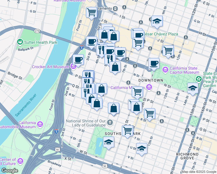 map of restaurants, bars, coffee shops, grocery stores, and more near P Street & 6th Street in Sacramento