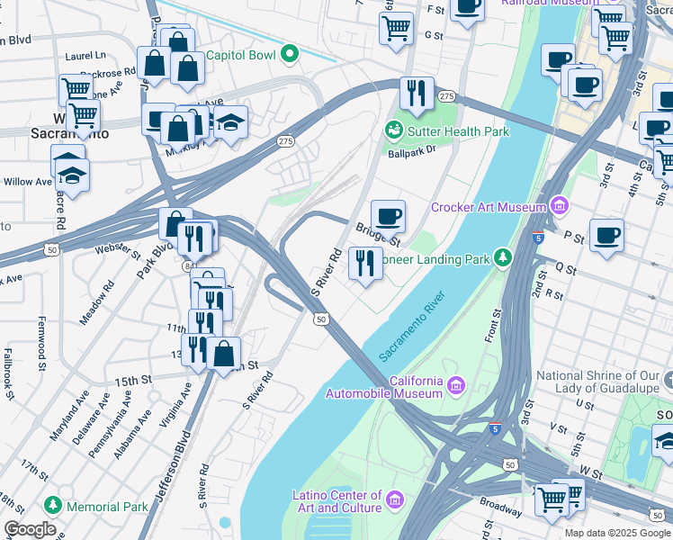 map of restaurants, bars, coffee shops, grocery stores, and more near 490 Mill Street in West Sacramento