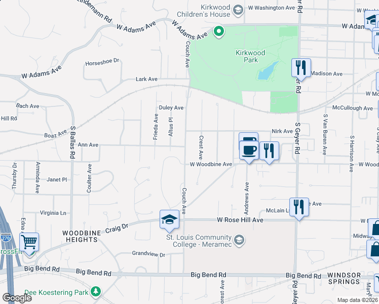 map of restaurants, bars, coffee shops, grocery stores, and more near 427 Crest Avenue in Kirkwood