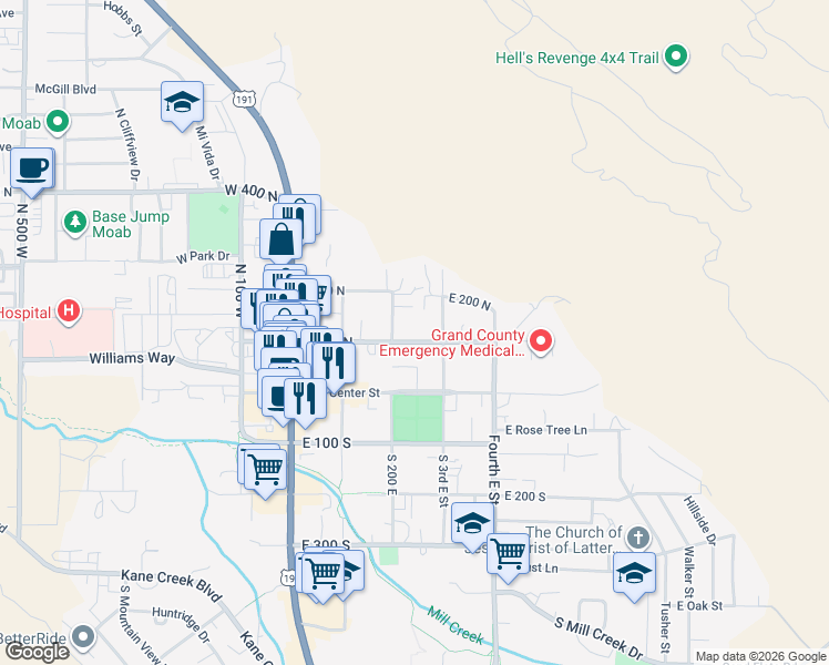 map of restaurants, bars, coffee shops, grocery stores, and more near 196 North 200 East in Moab