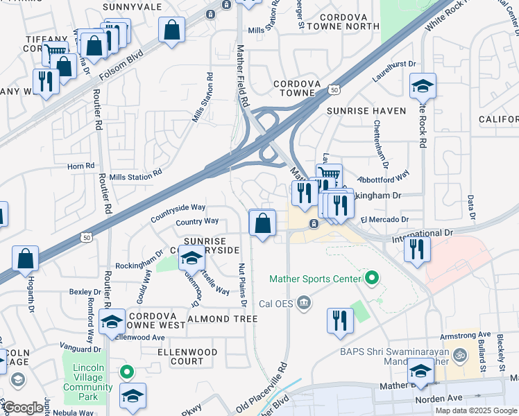 map of restaurants, bars, coffee shops, grocery stores, and more near 3284 Ramos Cir in Sacramento