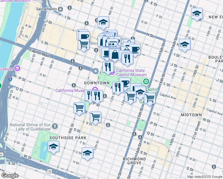 map of restaurants, bars, coffee shops, grocery stores, and more near 1100 Lincoln Highway in Sacramento