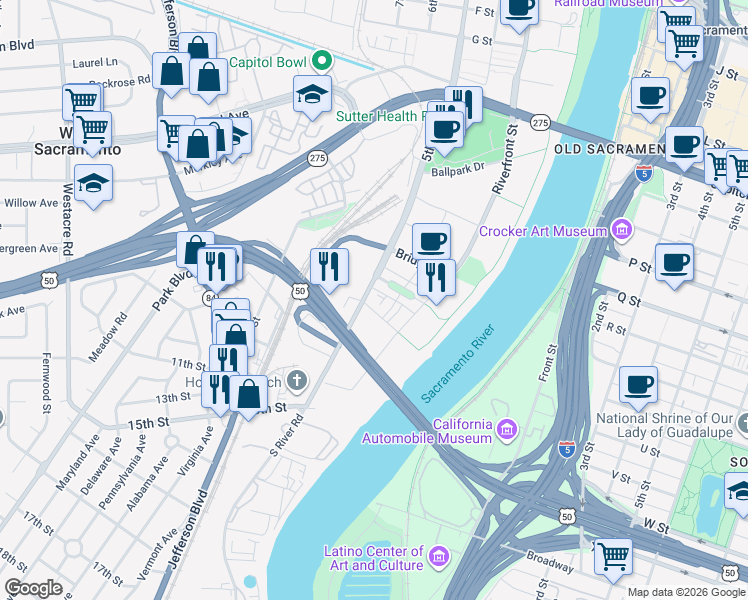 map of restaurants, bars, coffee shops, grocery stores, and more near 1000 South River Road in West Sacramento