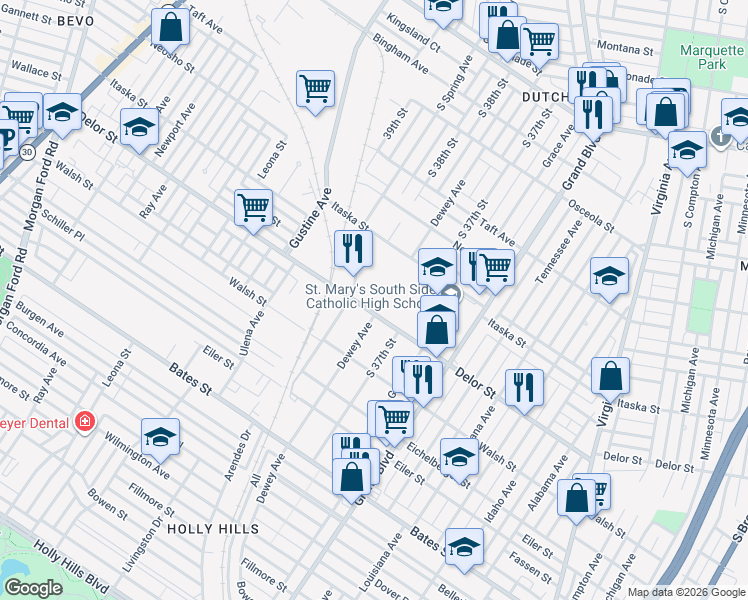 map of restaurants, bars, coffee shops, grocery stores, and more near 4760 South Spring Avenue in St. Louis